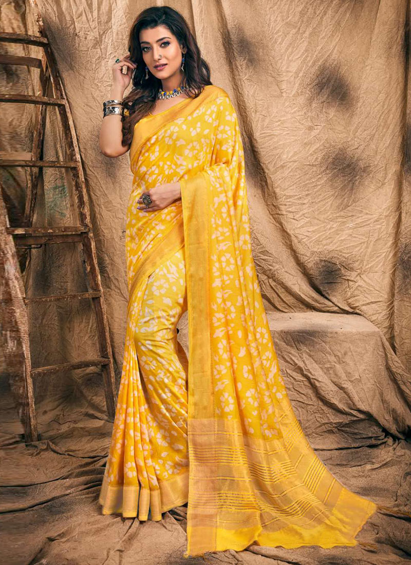 Stunning Yellow Chanderi Silk Batik Print Saree After Six Wear