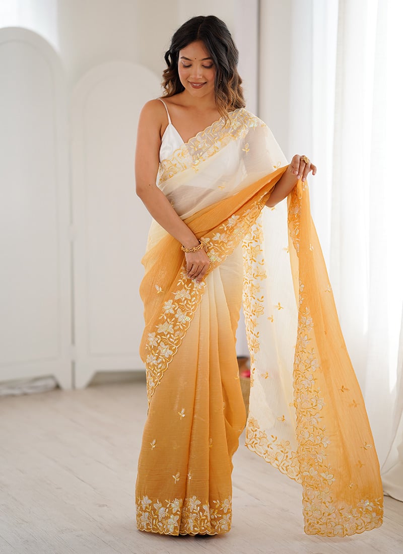 Stunning Yellow Crunchy Georgette Sequins Embroidered Thread Saree After Six Wear