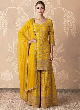 Stunning Yellow Dola Silk Jacquard Sequins Sharara Suit