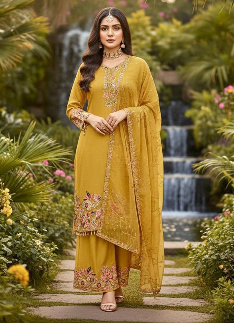 Stunning Yellow Georgette Embroidered Sequins Palazzo Suit After Six Wear