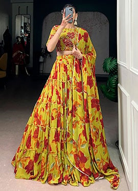 Stunning Yellow Georgette Floral Print Umbrella Lehenga