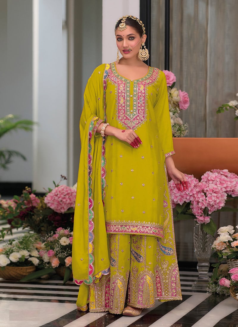 Stunning Zari Embroidered Sequins Lemon Yellow Chinon Palazzo Suit Festive Wear