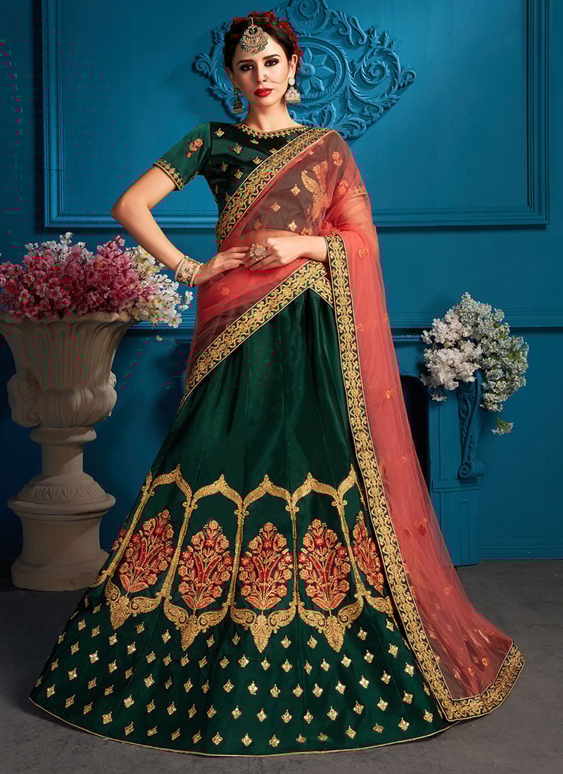 Stunningly Embroidered Sequined Satin Umbrella Lehenga Wedding Wear