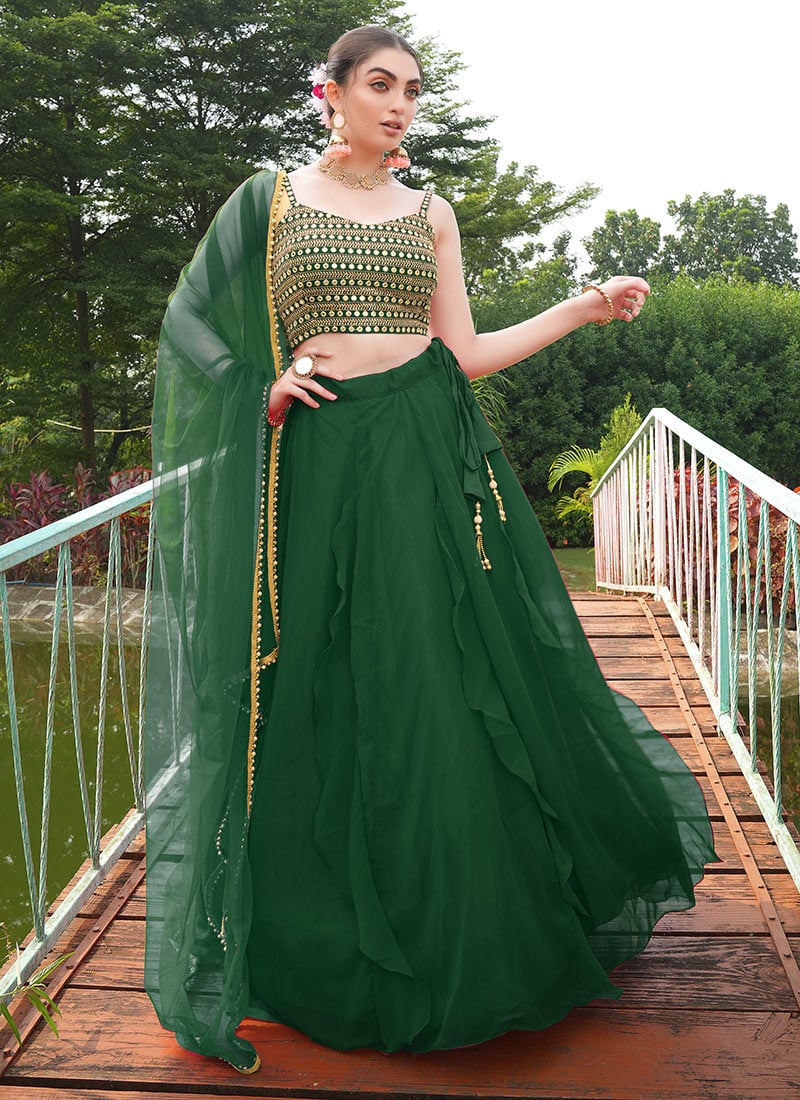 Stunningly Green Faux Georgette Embroidered Sequins Lehenga Wedding Wear