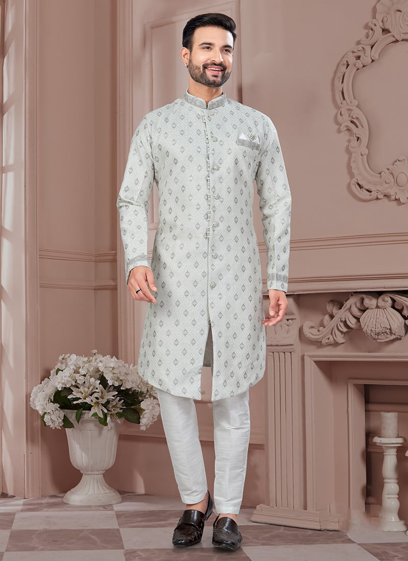 Style Grey Zari Thread Jacquard Silk Sequins Indowestern Sherwani Wedding Wear