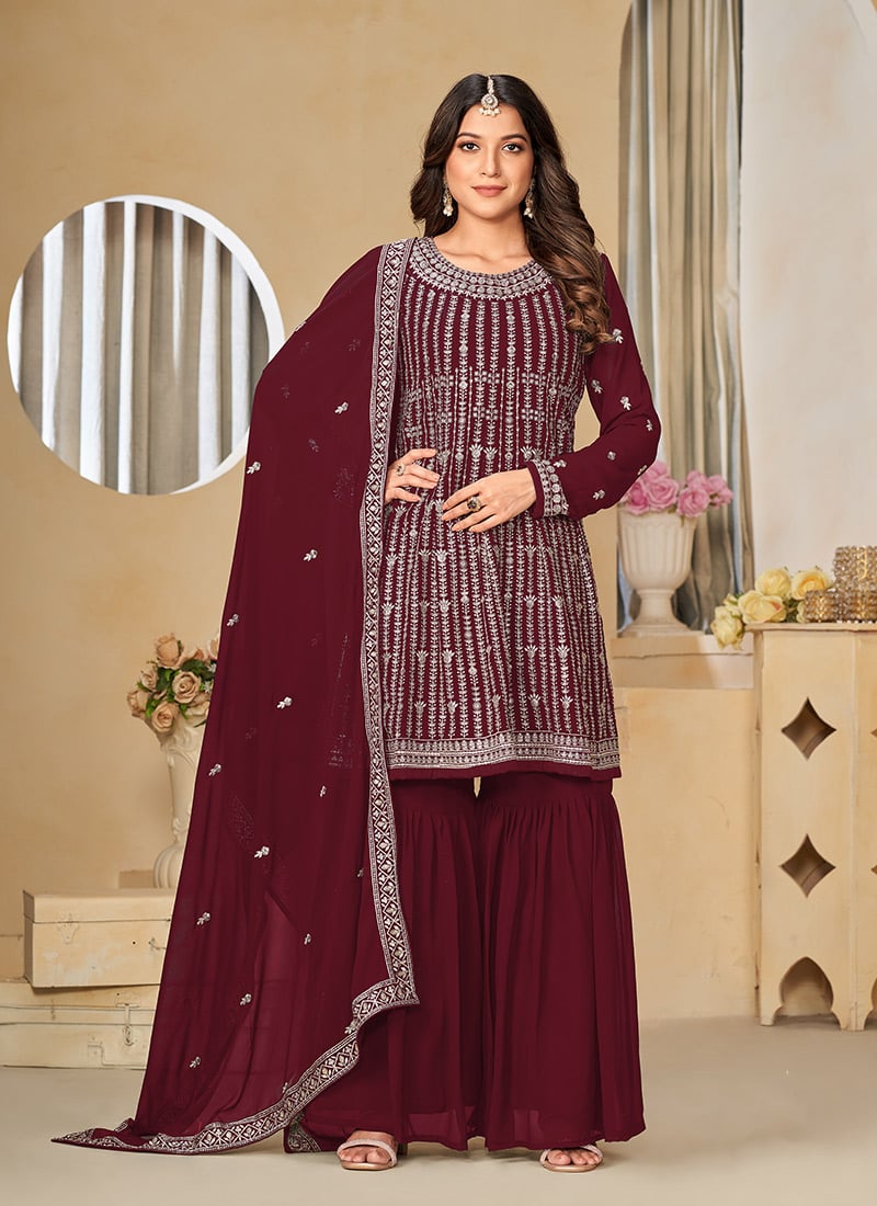 Style Maroon Faux Georgette Embroidered Sequins Sharara suit Festive Wear