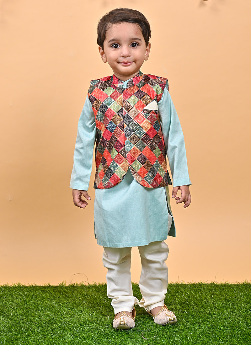 Stylish Aqua Blue Cotton Boys Bandi Set Party Wear