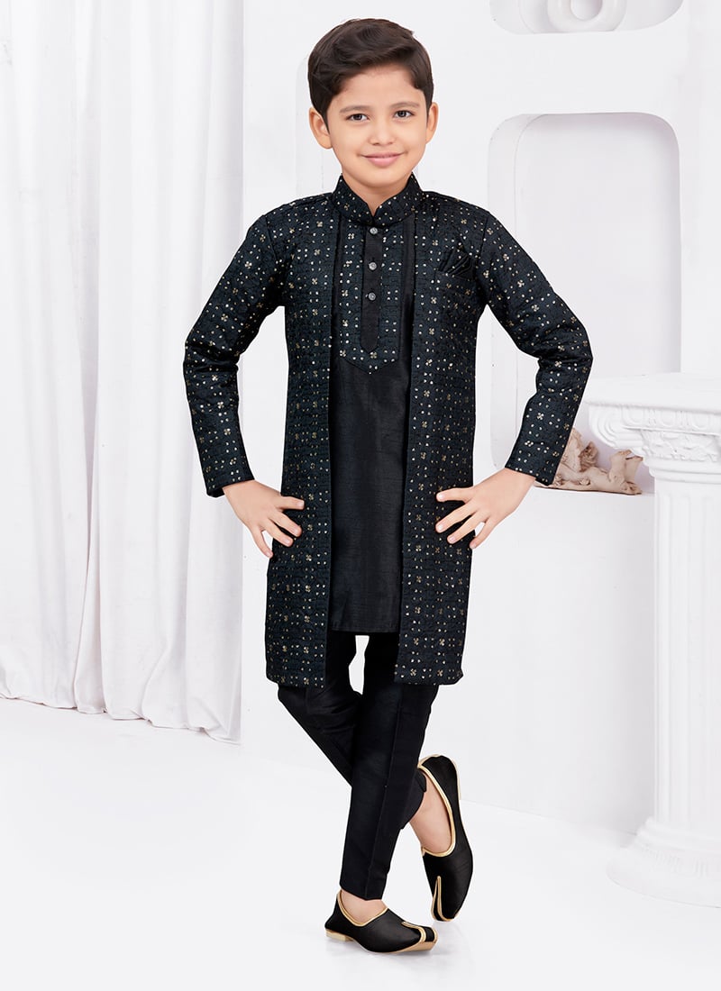 Stylish Banarasi Silk Sequins Black Indowestern Sherwani For Kids Boys