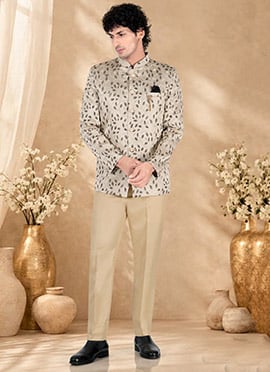 Stylish Beige Rayon Embroidered Bandhgala Suit