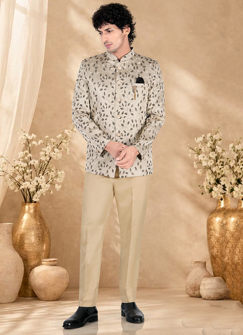 Stylish Beige Rayon Embroidered Bandhgala Suit Wedding Wear