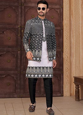 Stylish Black And Light Pink Zari Jackard Banarasi Silk Stones Zari Indowestern Sherwani