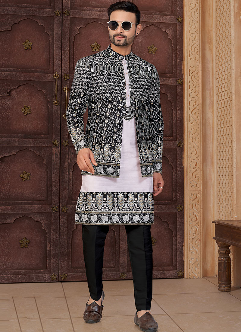 Stylish Black And Light Pink Zari Jackard Banarasi Silk Stones Zari Indowestern Sherwani Wedding Wear