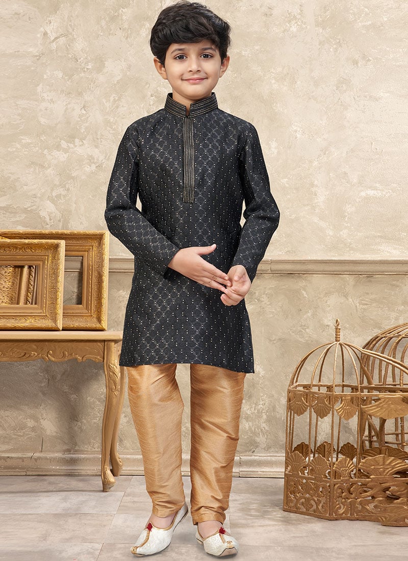 Stylish Black Banarasi Silk Jacquard Thread Lace Work Kids Boys Kurta Pyjama Festive Wear