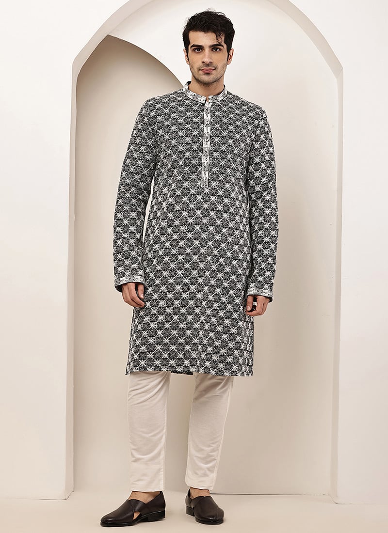 Stylish Black Cotton Embroidered Sequins Kurta Pyjama Festive Wear