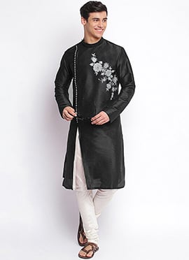 Stylish Black Dupion Silk Embroidered Kurta Pyjama