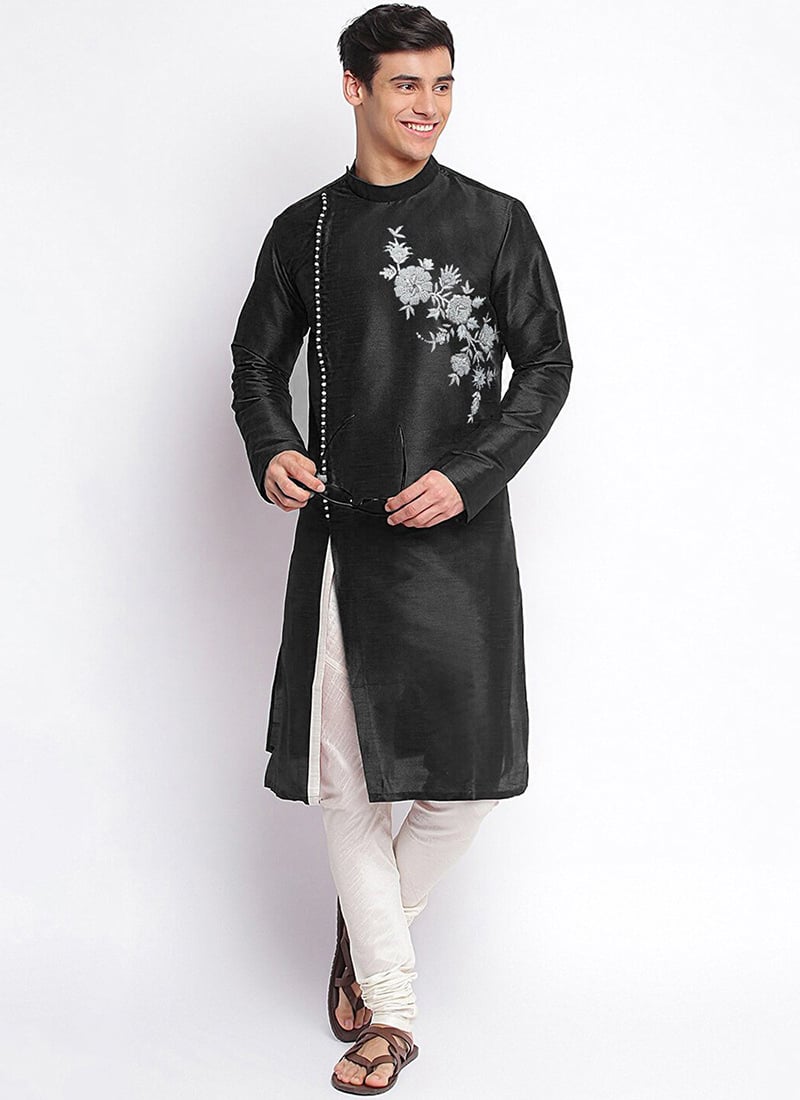 Stylish Black Dupion Silk Embroidered Kurta Pyjama Festive Wear