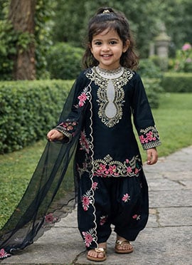Stylish Black Heavy Natural Crepe Embroidery Sequence Work Kids Girls Salwar Suit