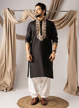 Stylish Black Linen Embroidered Sequins Thread Kurta Pyjama