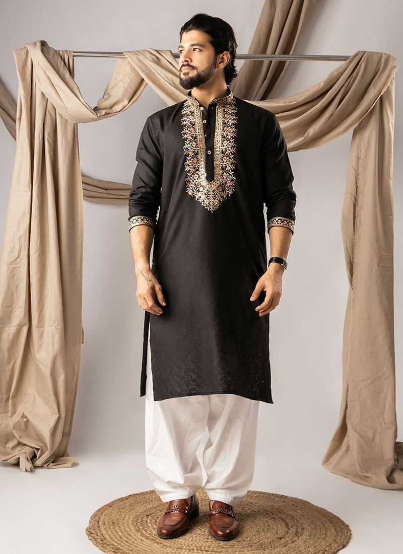Stylish Black Linen Embroidered Sequins Thread Kurta Pyjama   Festive Wear