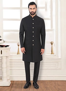 Stylish Black Terry Rayon Indowestern Sherwani