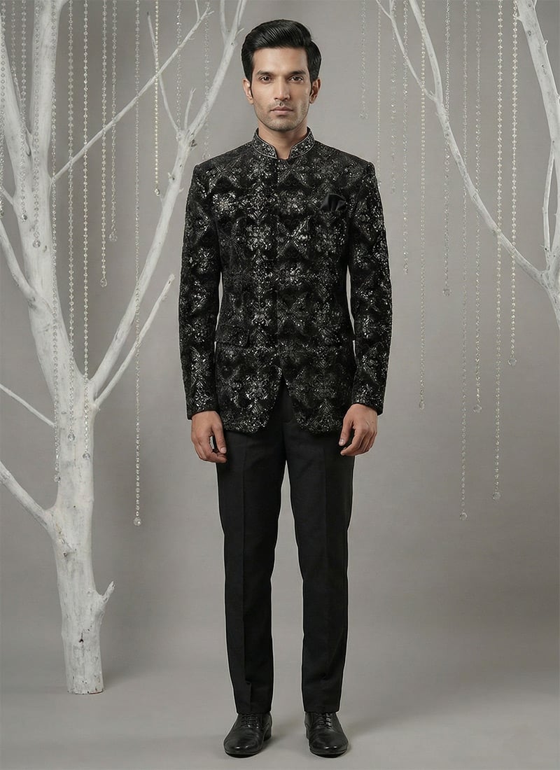Stylish Black Velvet Sequins Embroidered Thread Bandhgala Suit Wedding Wear