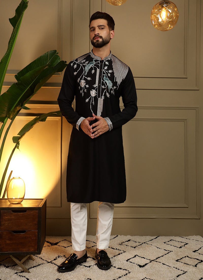 Stylish Black Viscose Silk Embroidered Sequins Kurta Pyjama Festive Wear