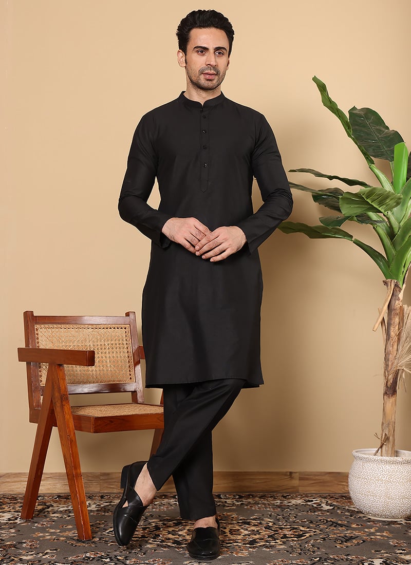 Stylish Black Viscose Silk Kurta Pyjama Festive Wear
