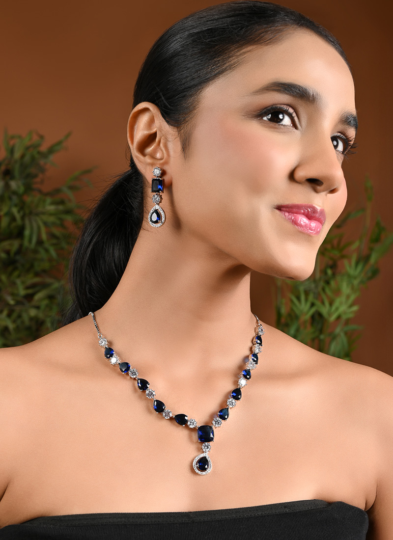 Stylish Blue American Diamond Stone Kundan Necklace Wedding Wear