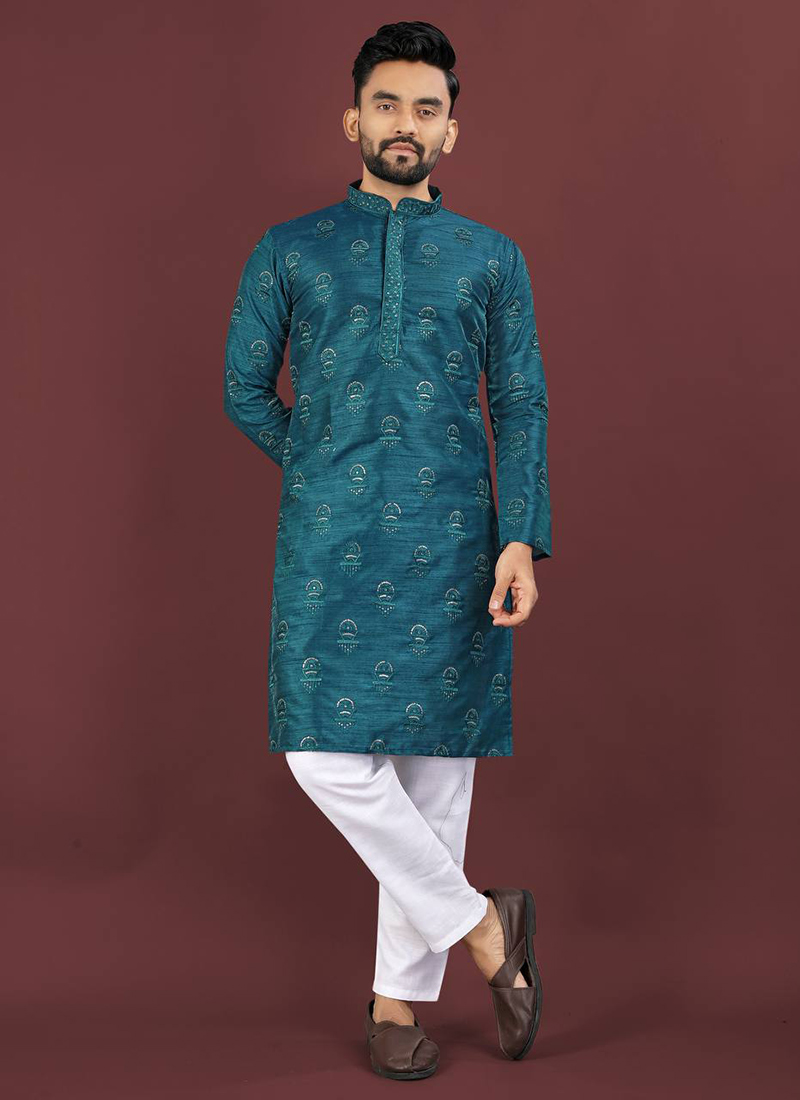 Stylish Blue Banglori Silk Embroidered Sequins Kurta Pyjama Festive Wear