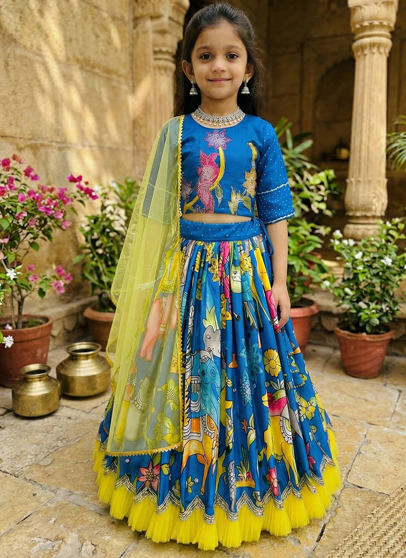 Stylish Blue Chinon Silk Position Print Embroidery Work Kids Girls Umbrella Lehenga