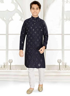 Stylish Blue Cotton Blend Embroidered Foil Mirror Kids Boys Kurta Pyjama