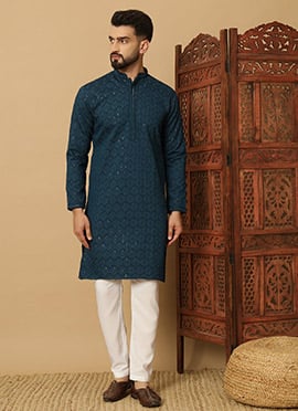 Stylish Blue Cotton Blend Sequins Thread Kurta Pyjama