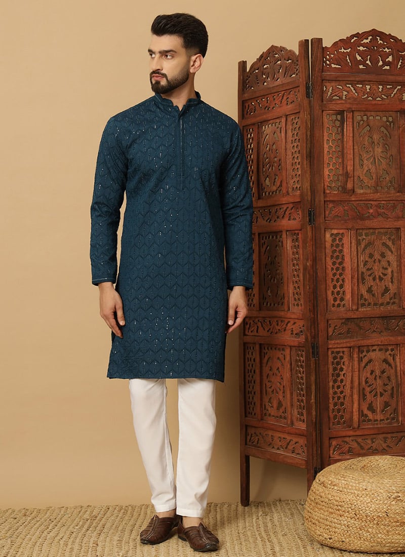 Stylish Blue Cotton Blend Sequins Thread Kurta Pyjama Festive Wear