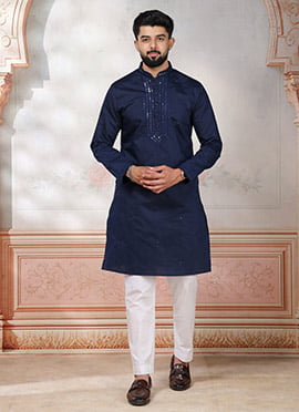 Stylish Blue Cotton Embroidered Kurta Pyjama