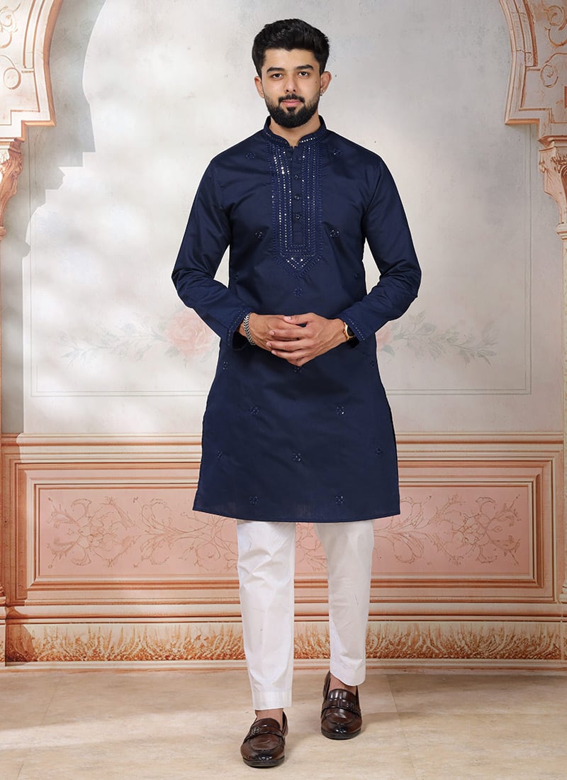 Stylish Blue Cotton Embroidered Kurta Pyjama Festive Wear