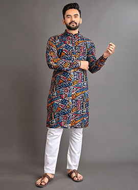 Stylish Blue Cotton Foil Print Kurta Pyjama
