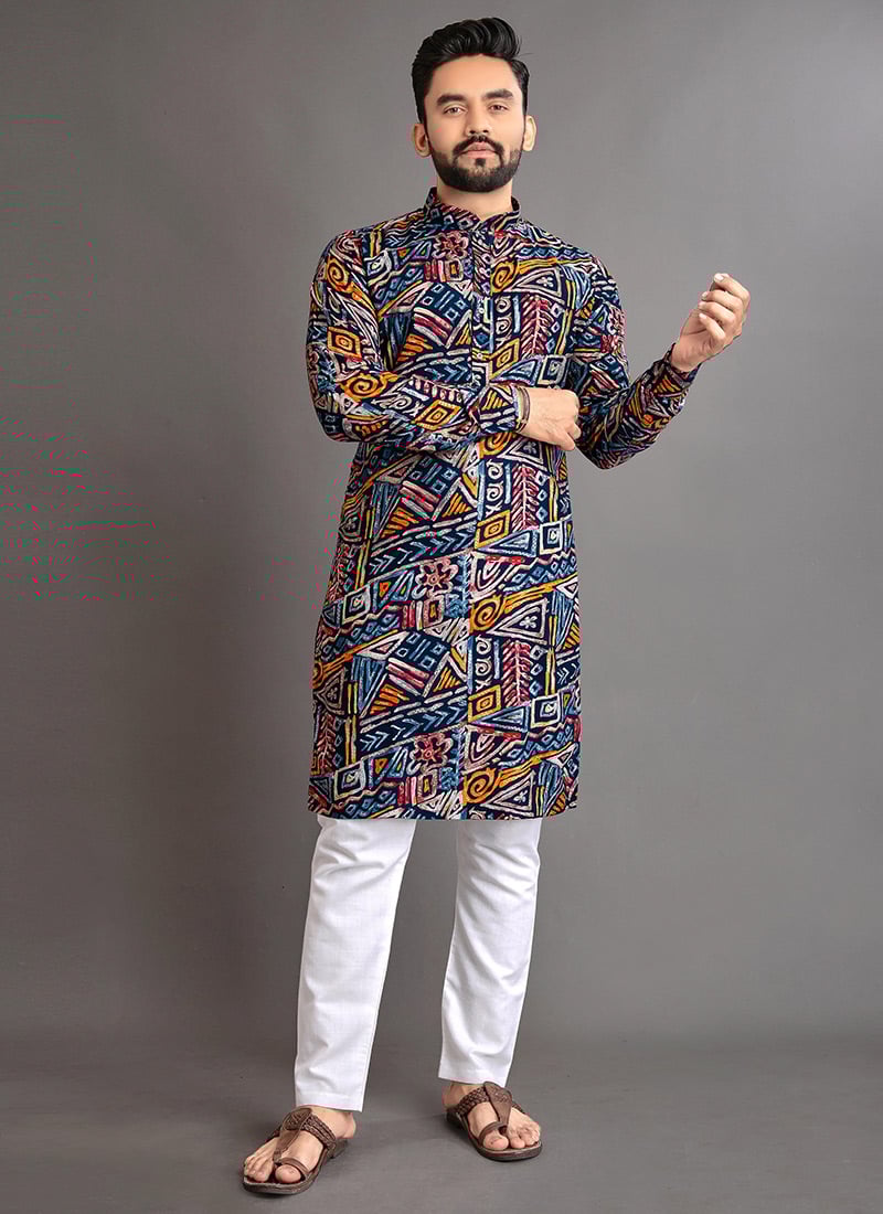 Stylish Blue Cotton Foil Print Kurta Pyjama   Festive Wear