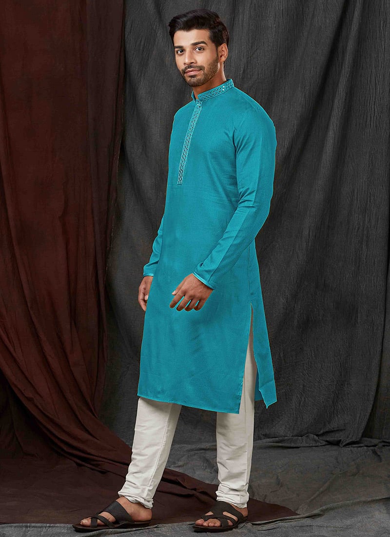 Stylish Blue Cotton Sequins Kurta Pyjama