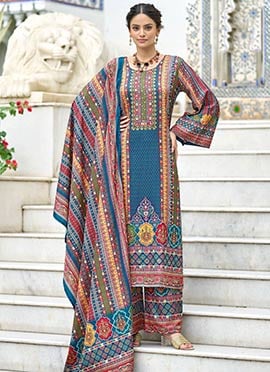 Stylish Blue Crepe Silk Mirror Work Digital Print Palazzo Suit