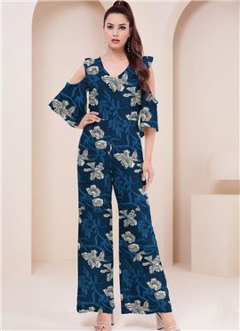Stylish Blue Floral Rayon Indo Western Jumpsuit