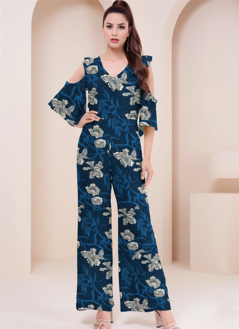 Stylish Blue Floral Rayon Indo Western Jumpsuit  After Six Wear