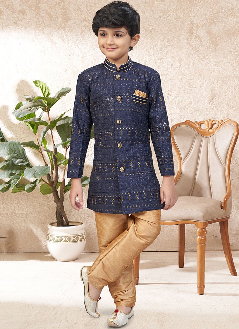 Stylish Blue Imported Soft Silk Stone Work Kids Boys Indowestern Sherwani Wedding Wear