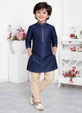 Stylish Blue Jacquard Silk Brocade Kids Boys Kurta Pyjama