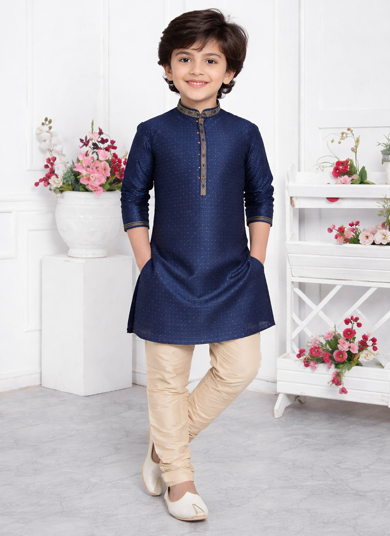 Stylish Blue Jacquard Silk Brocade Kids Boys Kurta Pyjama Festive Wear
