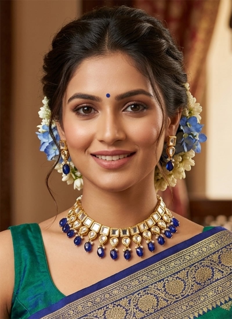 Stylish Blue Kundan Pearl Choker Wedding Wear