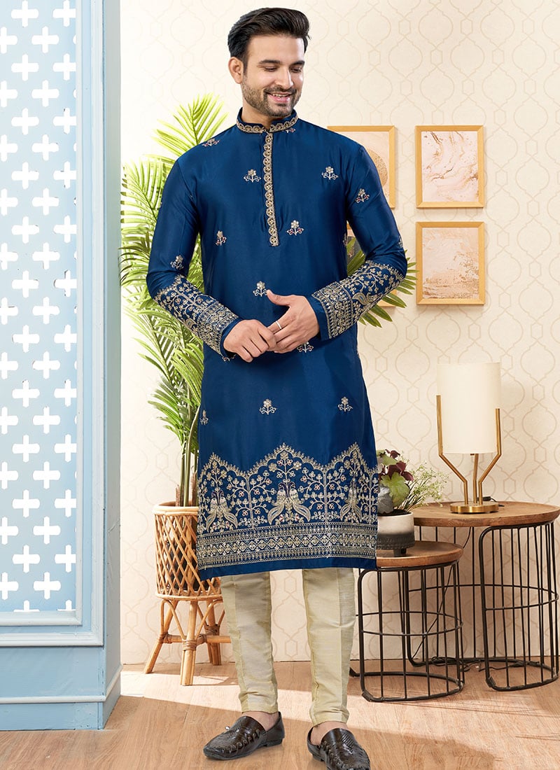 Stylish Blue Malai Silk Embroidered Kurta Pyjama Festive Wear