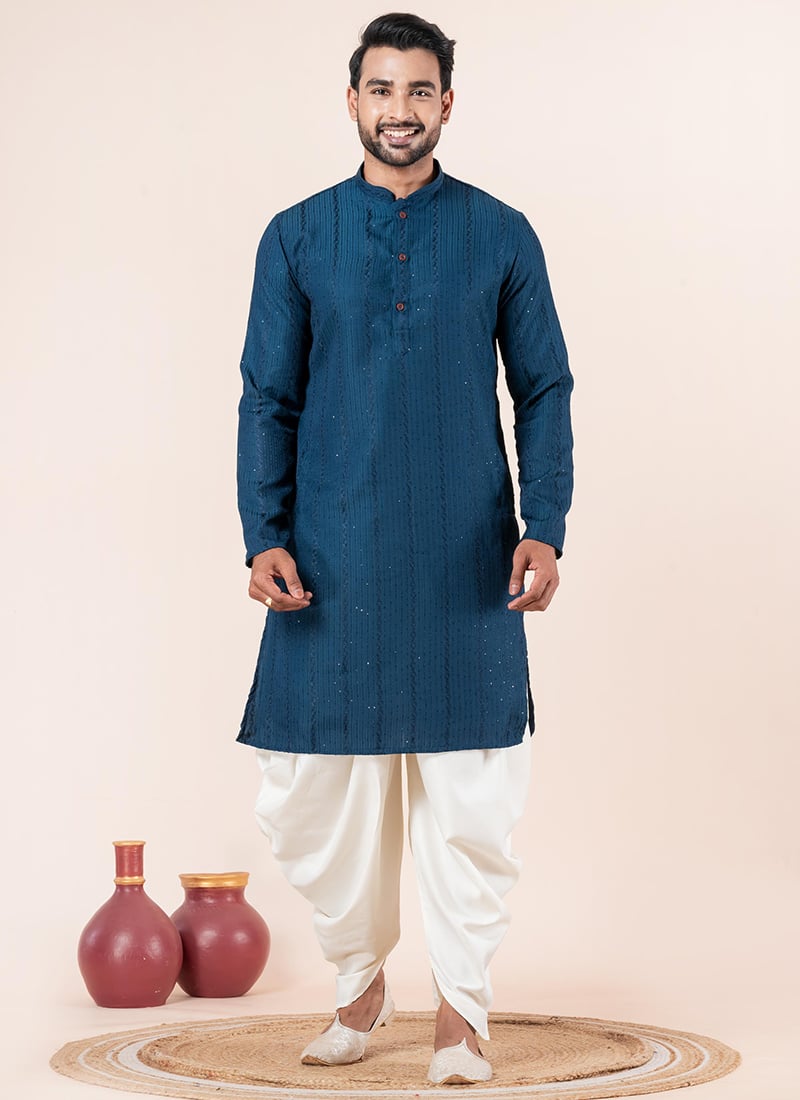 Stylish Blue Silk Blend Embroidered Kurta Pyjama Festive Wear
