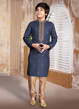 Stylish Blue Silk Embroidered Kids Boys Kurta Pyjama