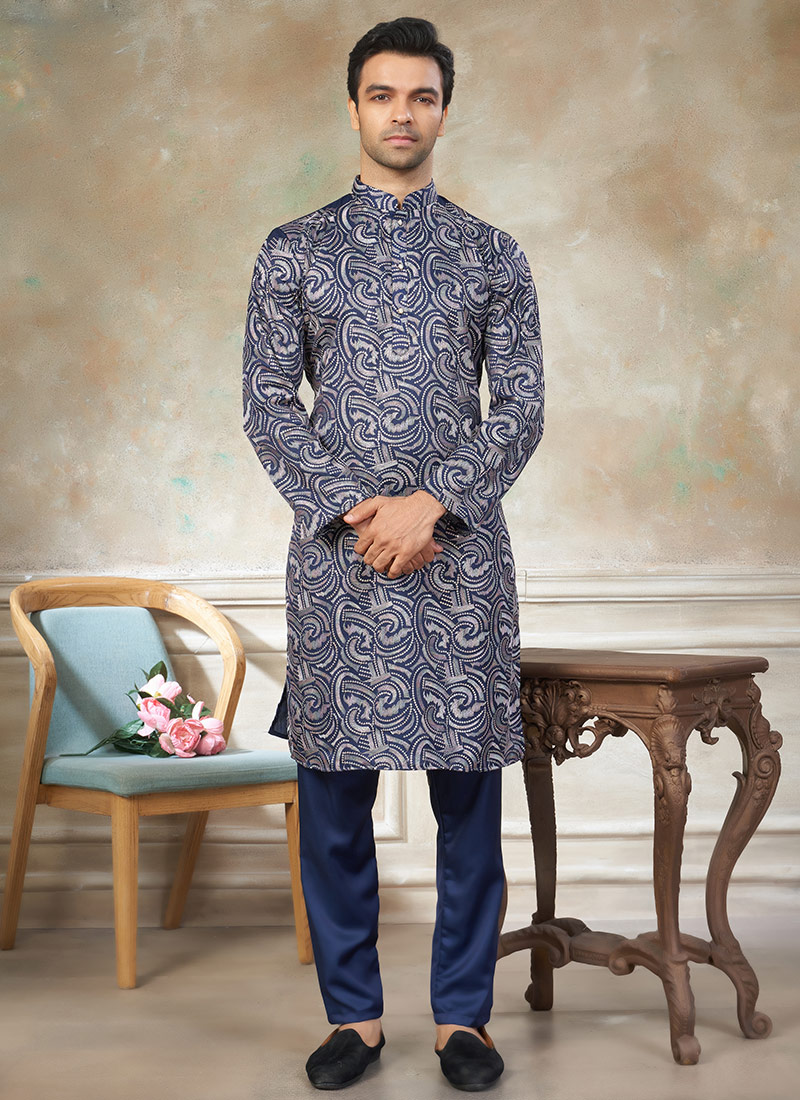 Stylish Blue Silk Thread Embroidered Kurta Pyjama Festive Wear