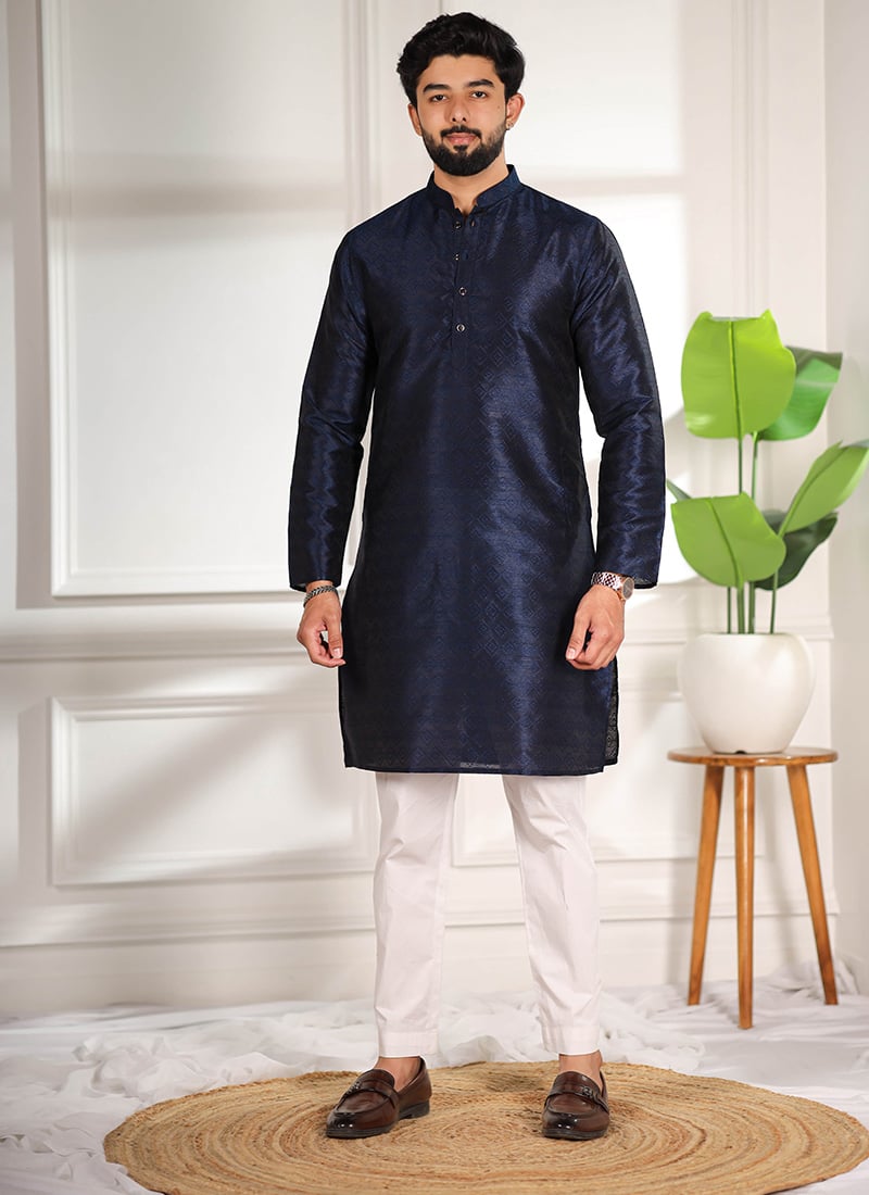 Stylish Blue Silk Woven Designer Kurta Pyjama Festive Wear
